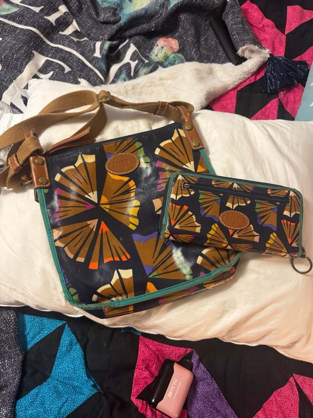 Fossil Coated Canvas Crossbody Bag and Matching Wallet Set